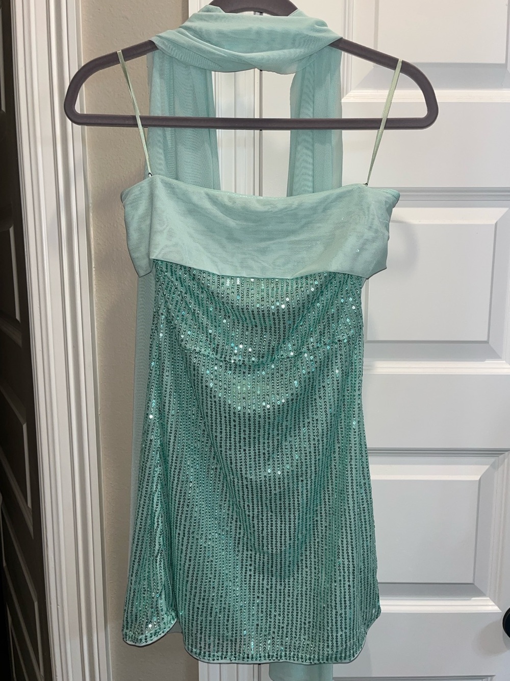 Sea foam Sequin Strap Dress with Scarf